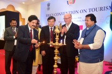 The Secretary, Ministry of Tourism, Shri Vinod Zutshi lighting the lamp at the inauguration of the BRICS Convention on Tourism, in Khajuraho, Madhya Pradesh on September 01, 2016. The Minister of Tourism, Madhya Pradesh, Shri Surendra Patwa and other dignitaries are also seen.