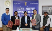 The Tourism Secretary, Shri Vinod Zutshi witnessing the signing ceremony of a tripartite Memorandum of Understanding (MoU) for implementation of Tourism projects in Jammu & Kashmir between Ministry of Tourism, M/s NPCC & NBCC and Government of Jammu & Kashmir, in New Delhi on February 06, 2017.